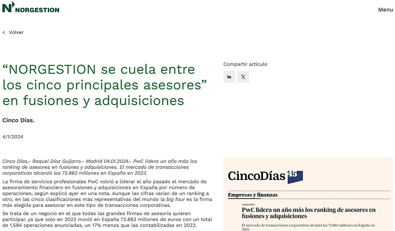 NORGESTION se cuela entre los cinco principales asesores en fusiones y adquisiciones